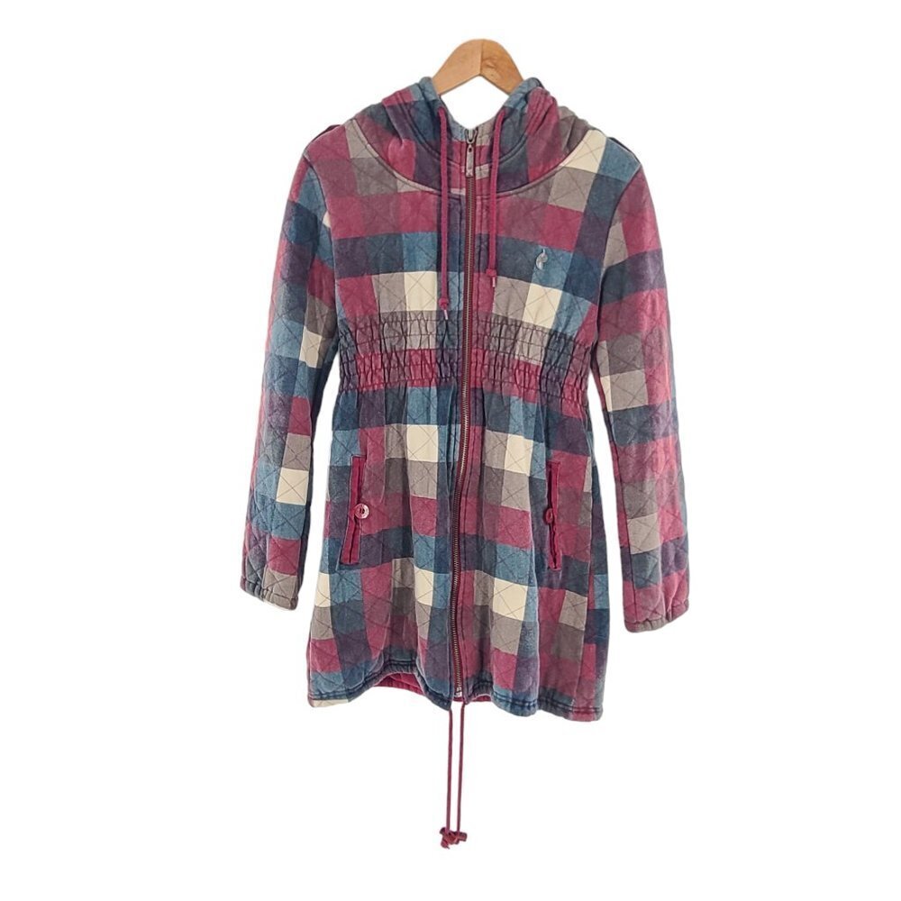 O'Neill Quilted Woman's Coat Plaid Multicolored Hooded Cinched waist ‎ Sz medium